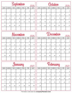 Calendar September 2026 to February 2027