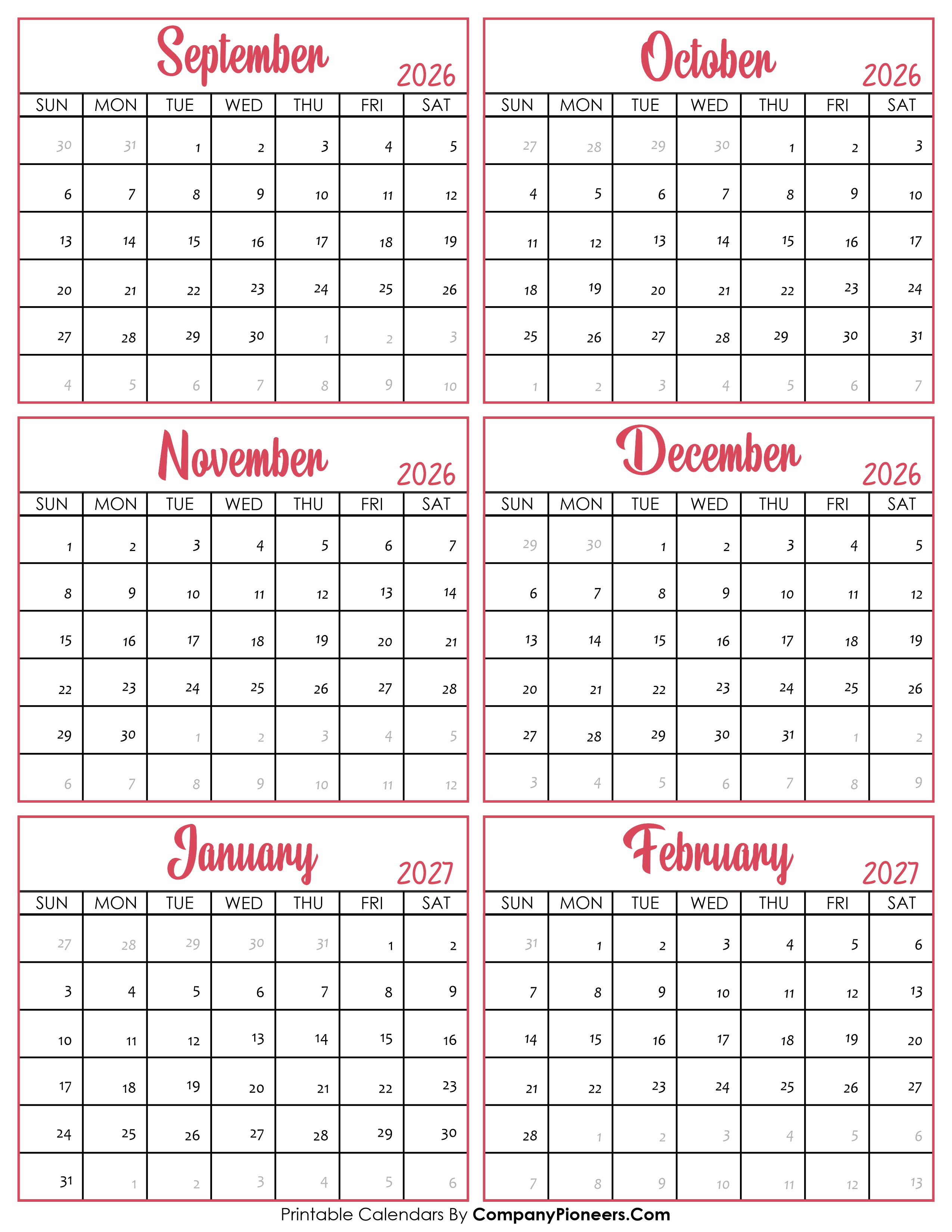 Calendar September 2026 to February 2027