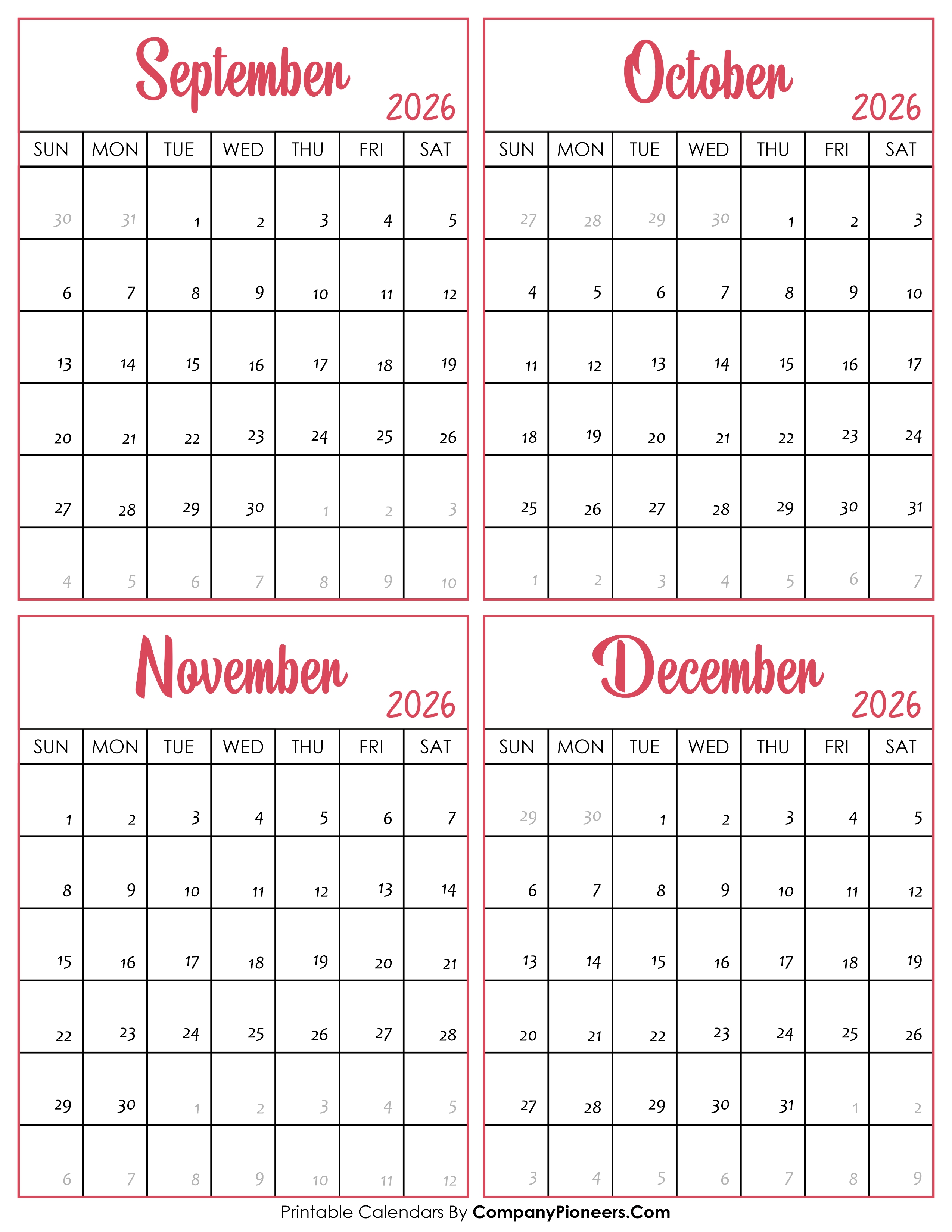 Calendar September to December 2026