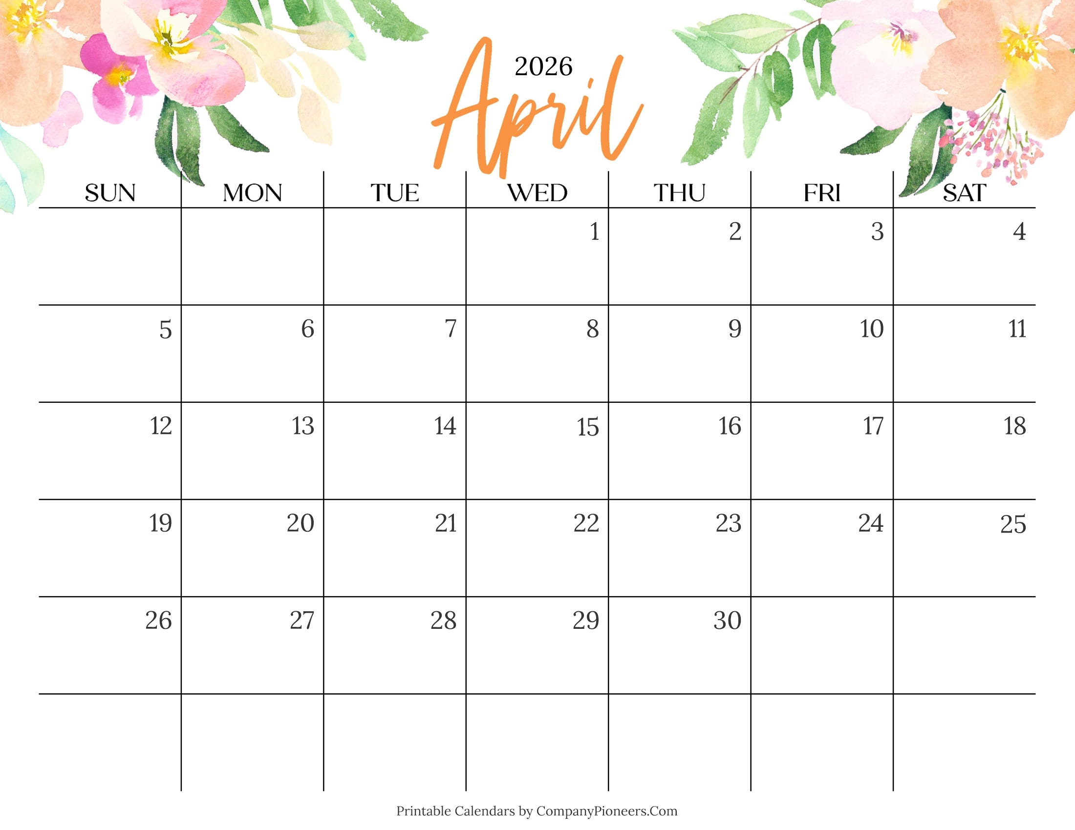 Cute April 2026 Calendar Multi Flower