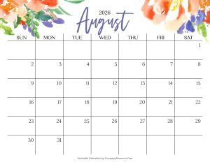 Cute August 2026 Calendar Multi Flower