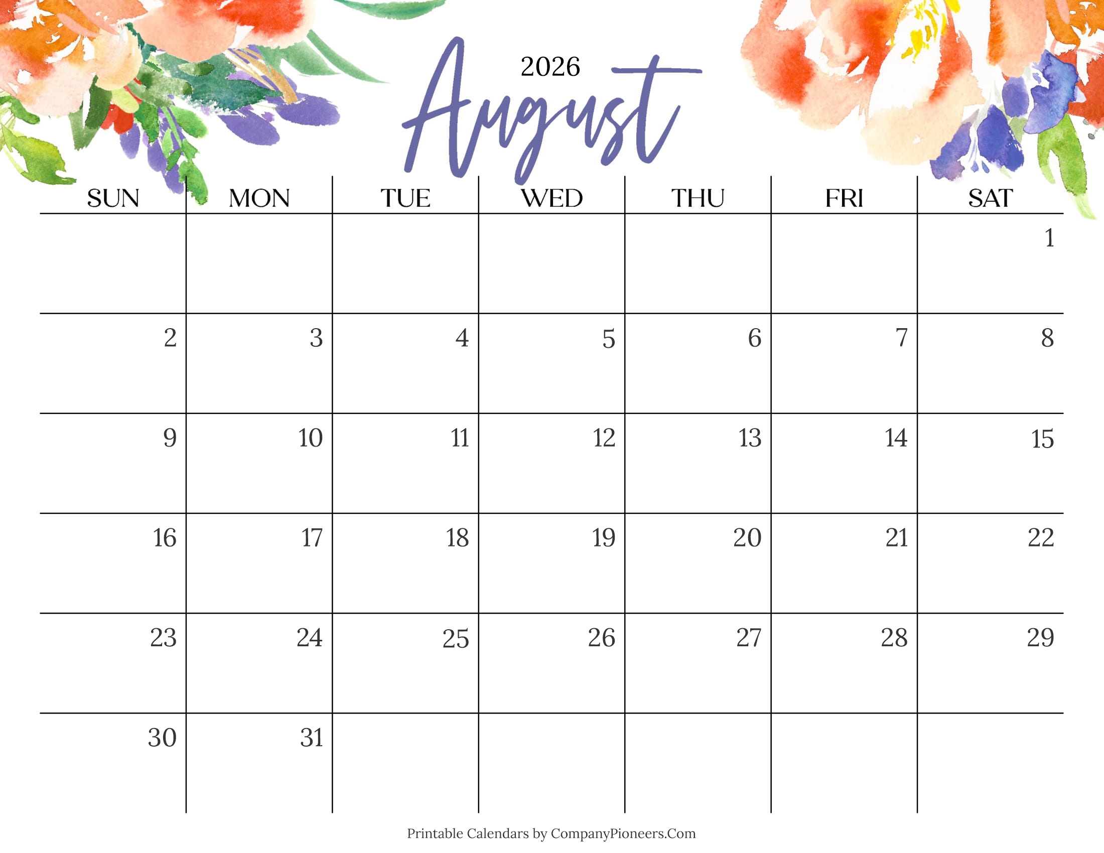 Cute August 2026 Calendar Multi Flower
