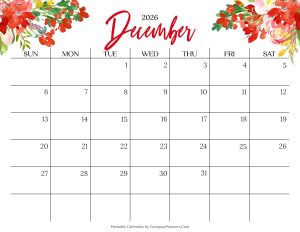 Cute December 2026 Calendar Multi Flower