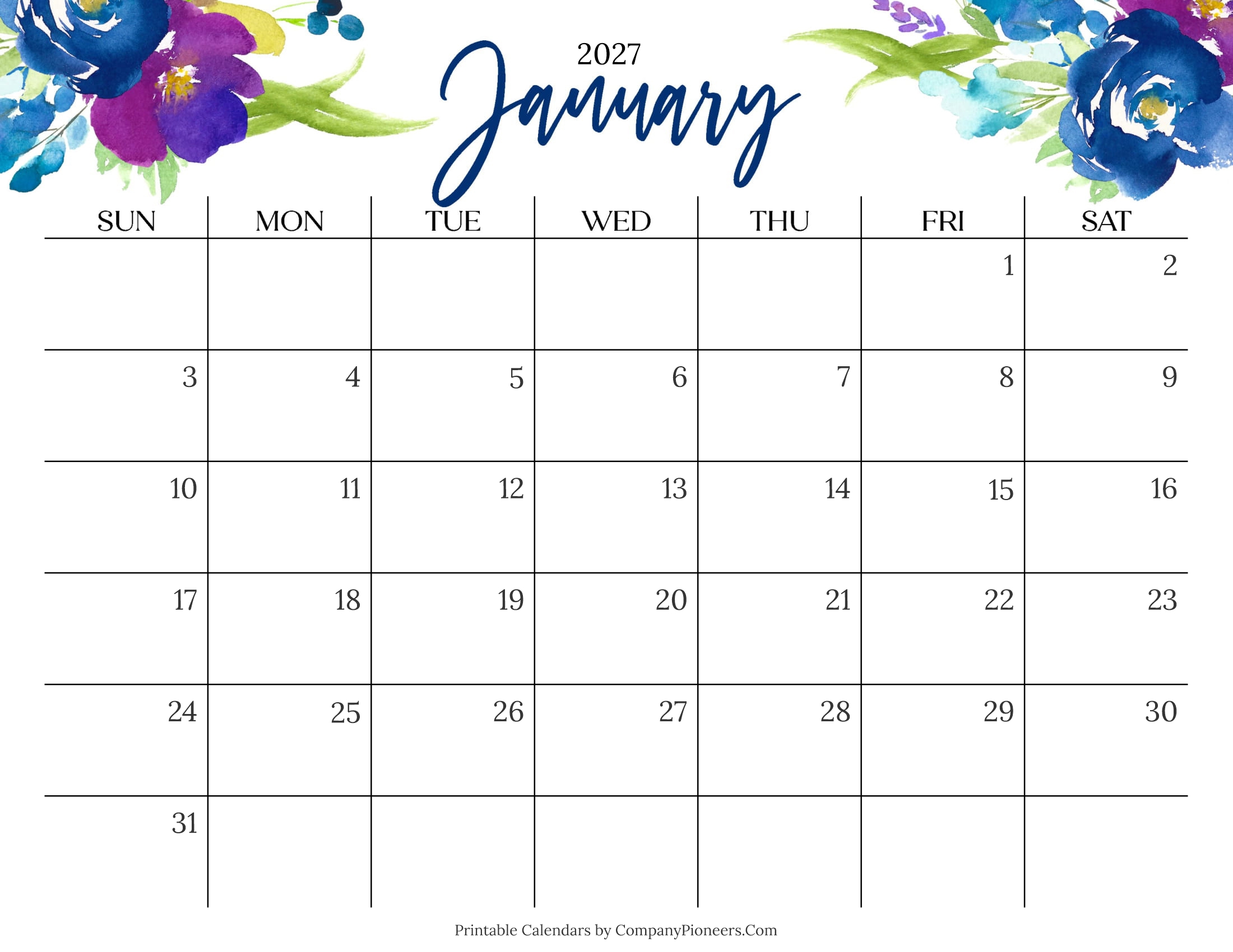 Cute January 2027 Calendar Multi Flower