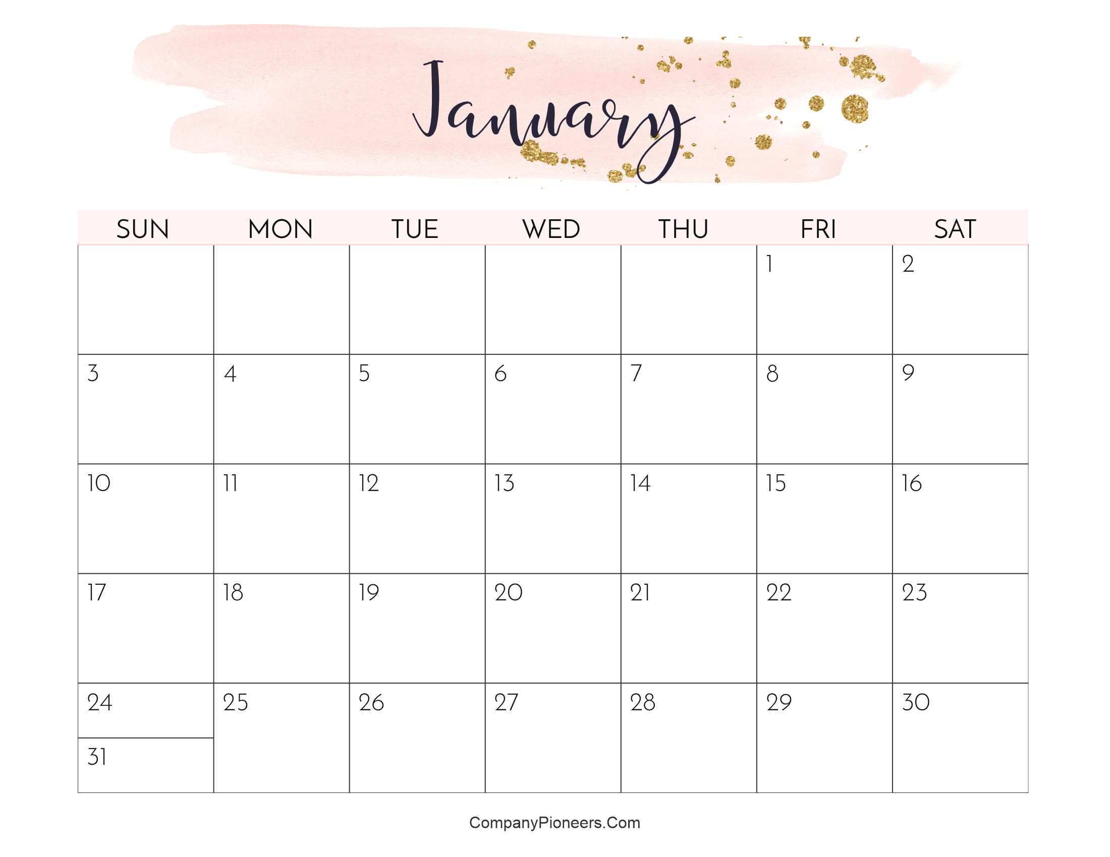 Cute January 2027 Calendar Printable Water Color