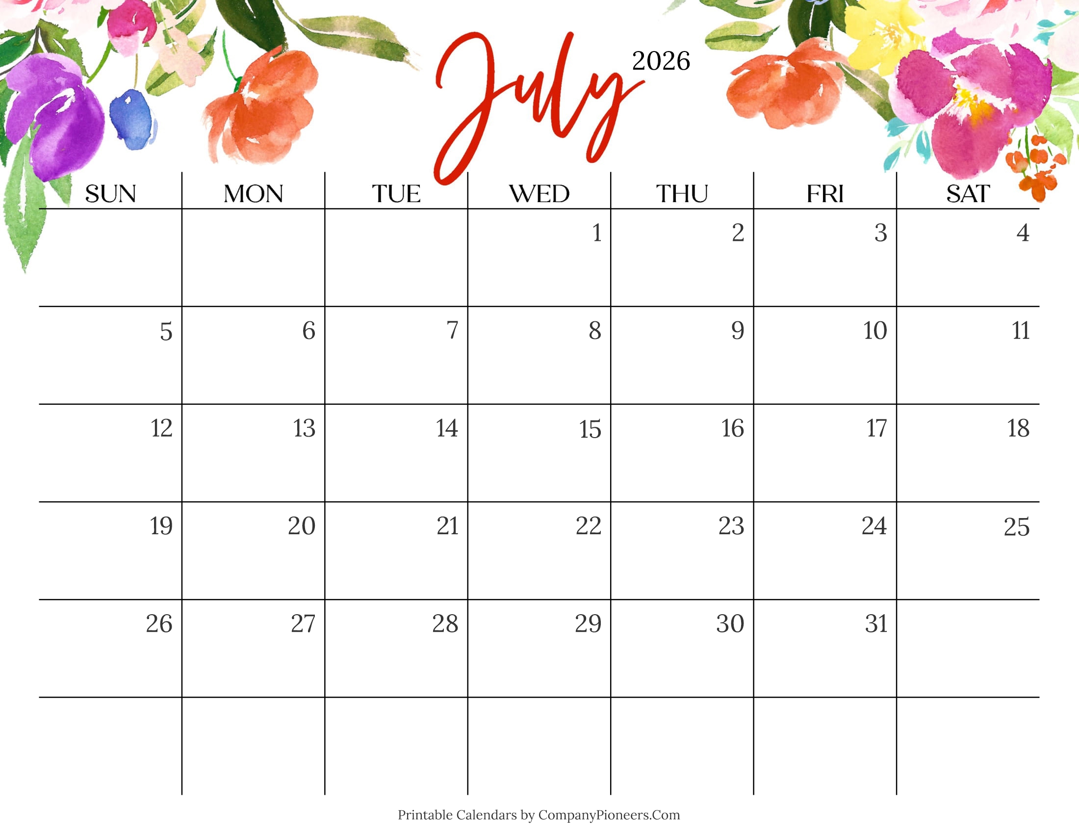 Cute June 2026 Calendar Multi Flower