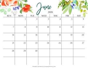 Cute June 2026 Calendar Multi Flower