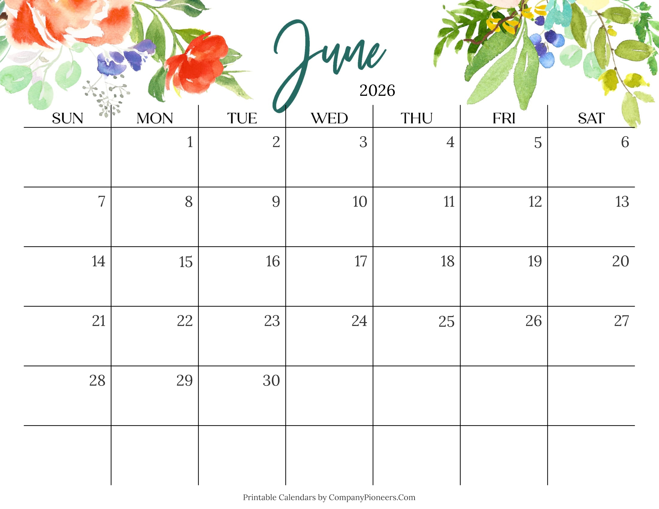 Cute June 2026 Calendar Multi Flower