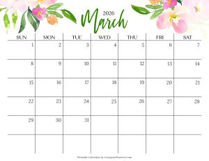 Cute March 2026 Calendar Multi Flower