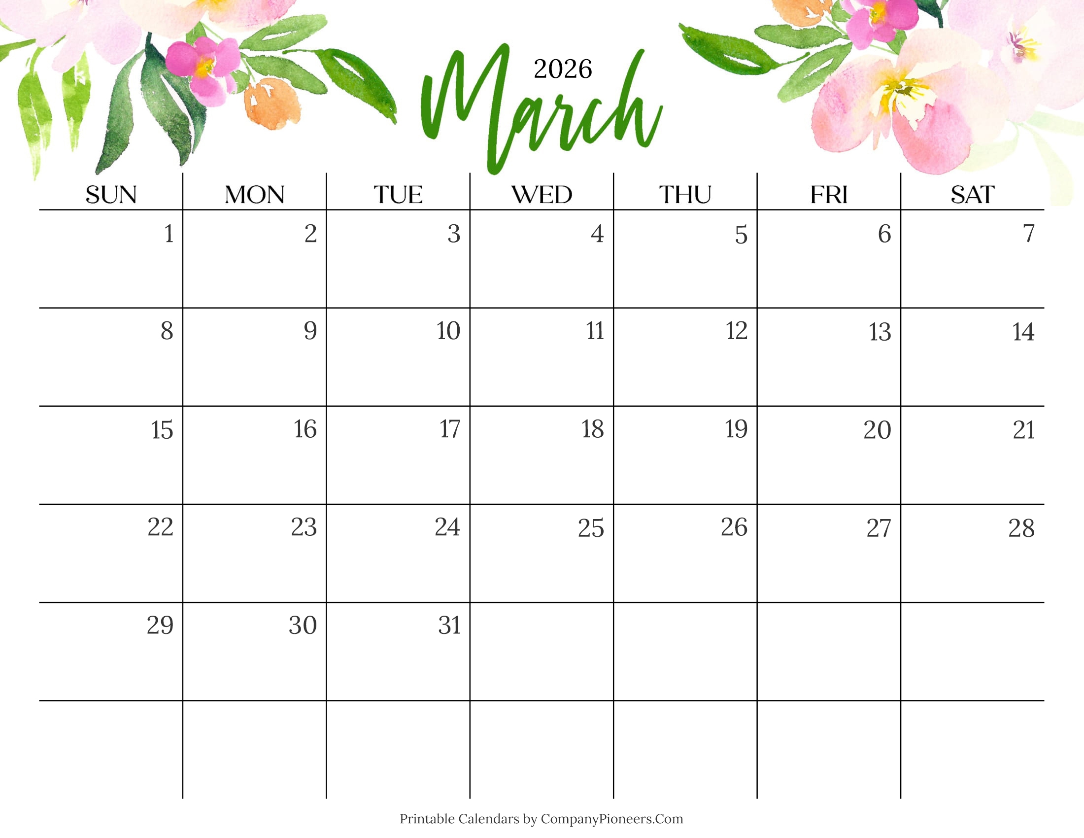 Cute March 2026 Calendar Multi Flower