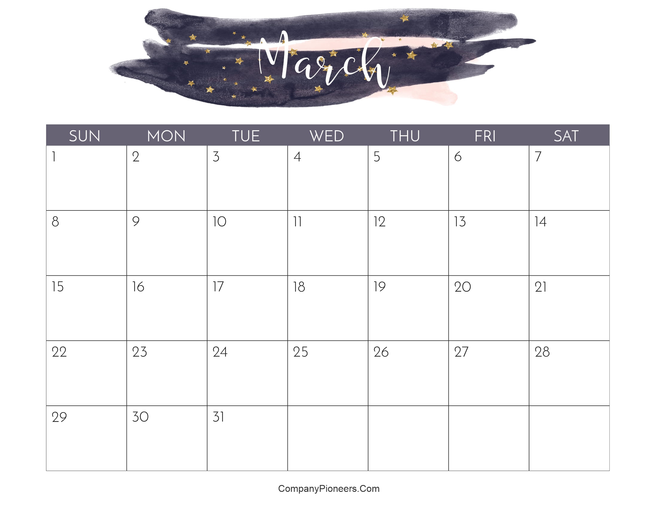 Cute March 2026 Calendar Printable Water Color