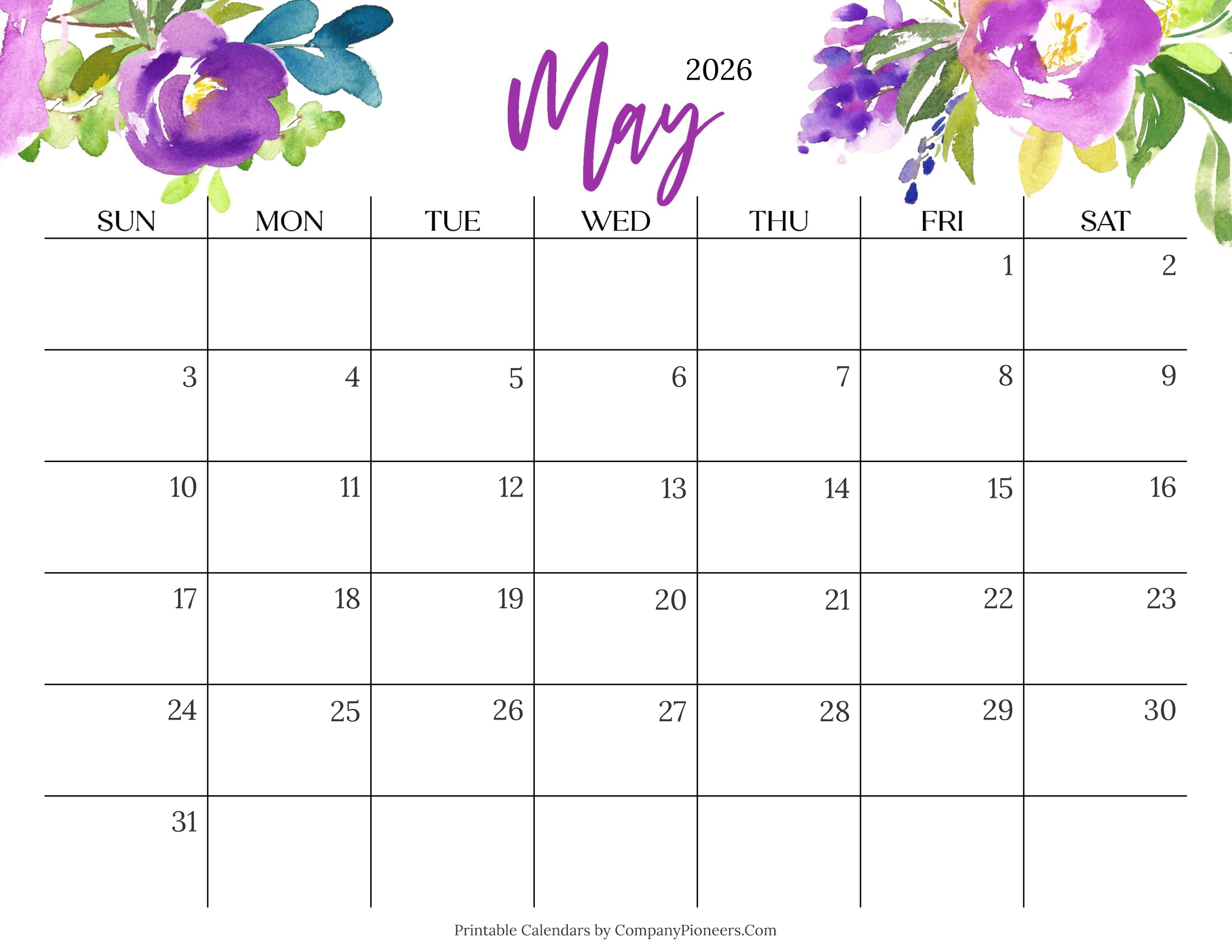 Cute May 2026 Calendar Multi Flower
