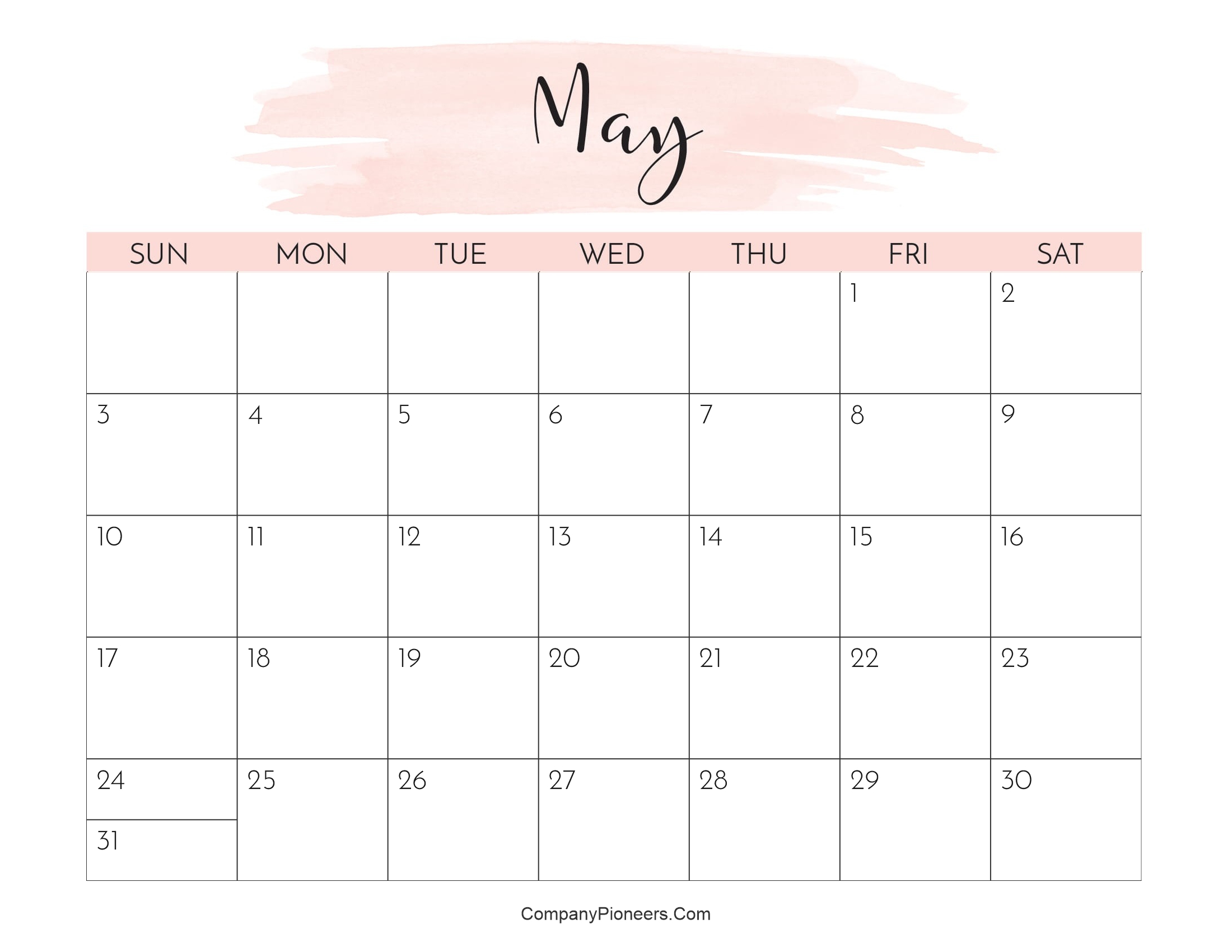 Cute May 2026 Calendar Printable Water Color