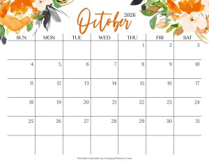 Cute October 2026 Calendar Multi Flower