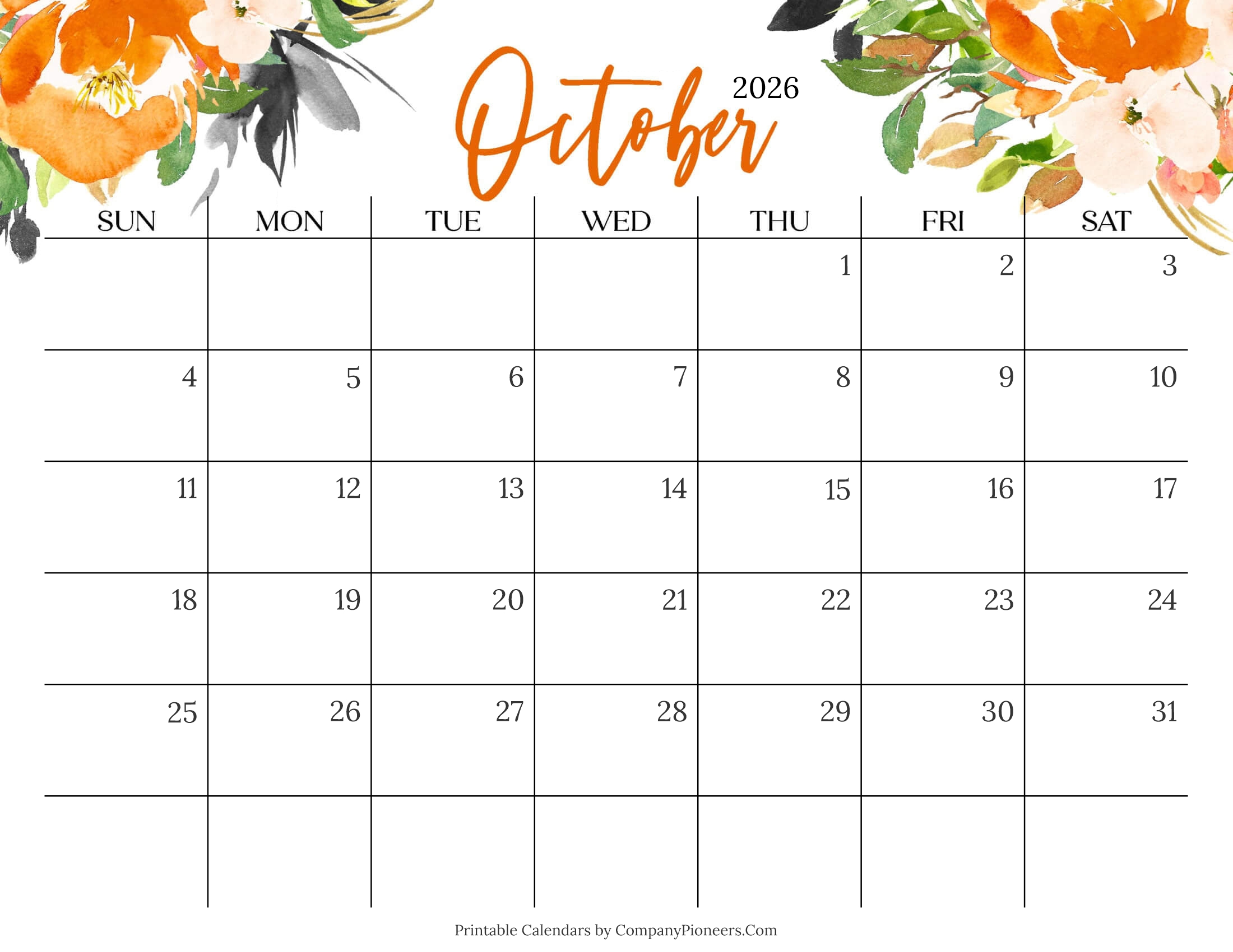 Cute October 2026 Calendar Multi Flower