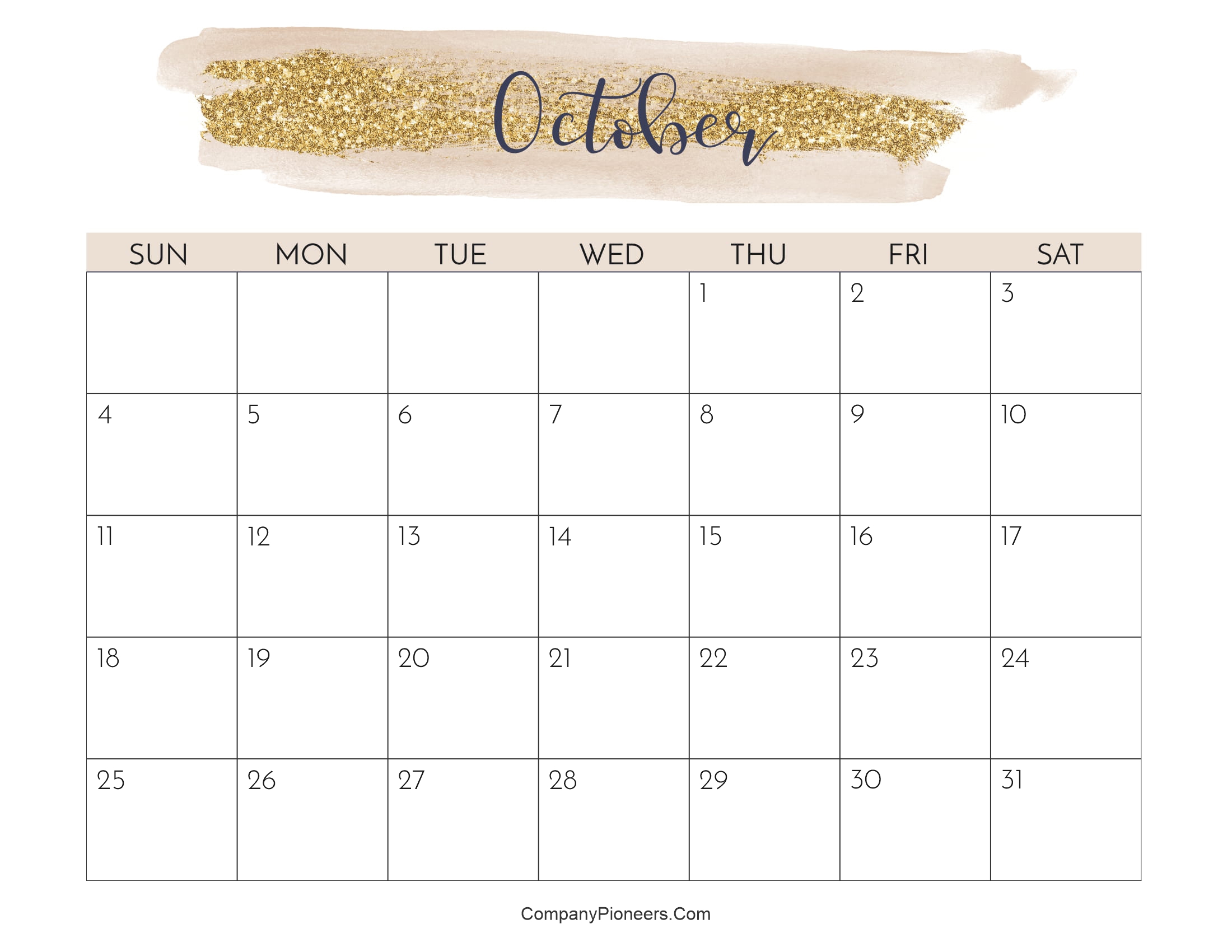 Cute October 2026 Calendar Printable Water Color