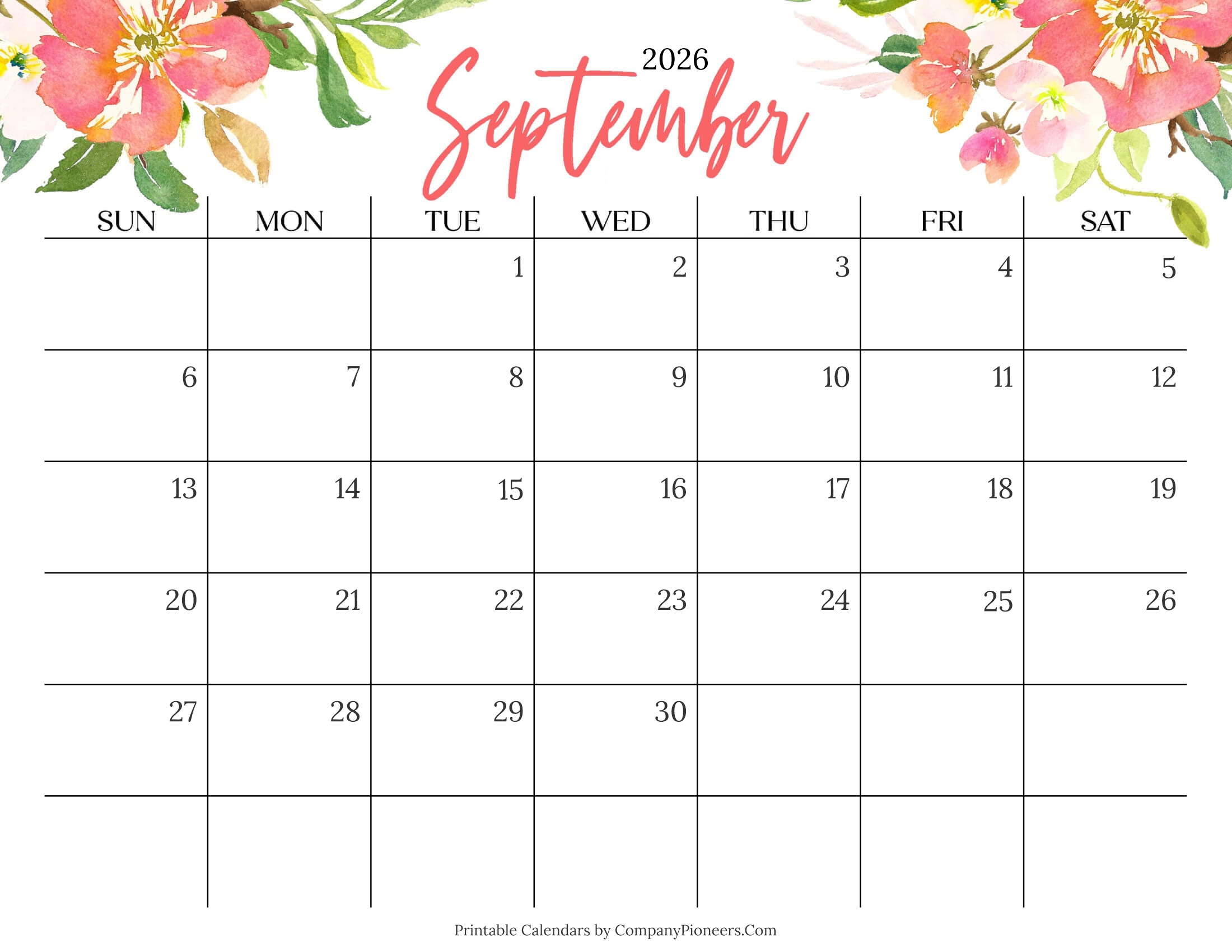 Cute September 2026 Calendar Multi Flower