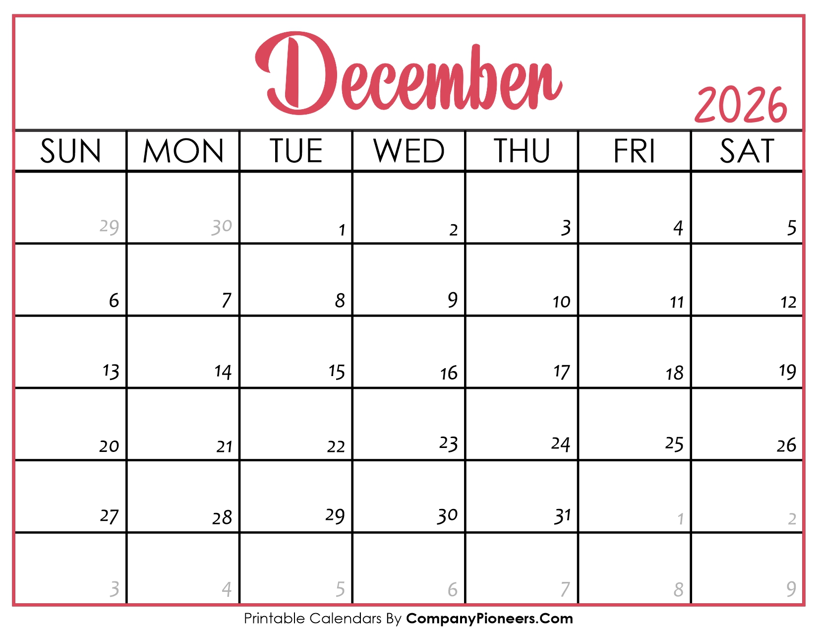 December 2026 Calendar Printable Pink Header