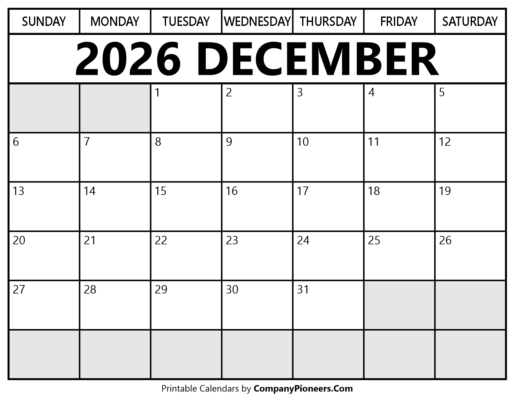December 2026 Calendar Segoe UI Font