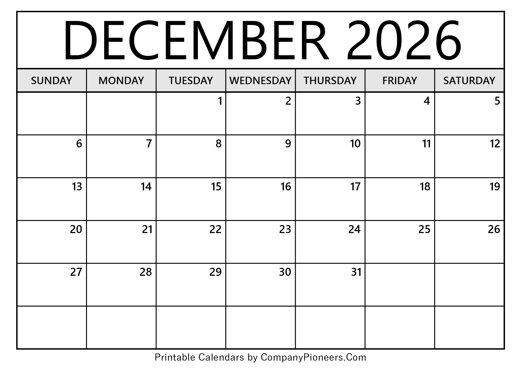 December 2026 Calendar Template Blank