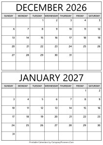 December 2026 January 2027 Calendar