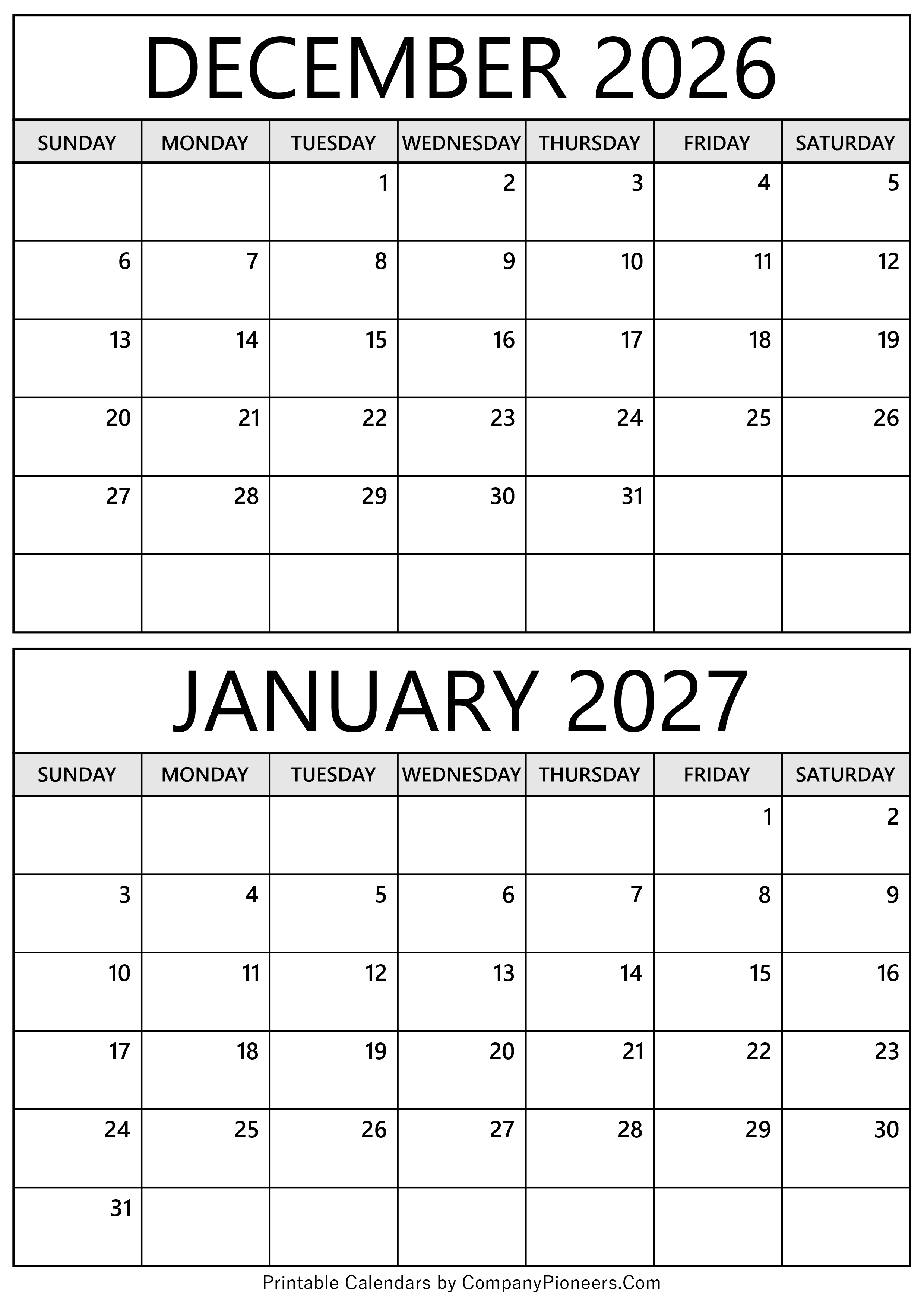 December 2026 January 2027 Calendar