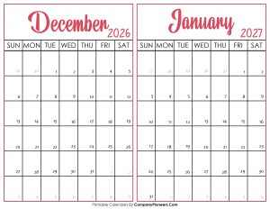 December 2026 and January 2027 Calendar