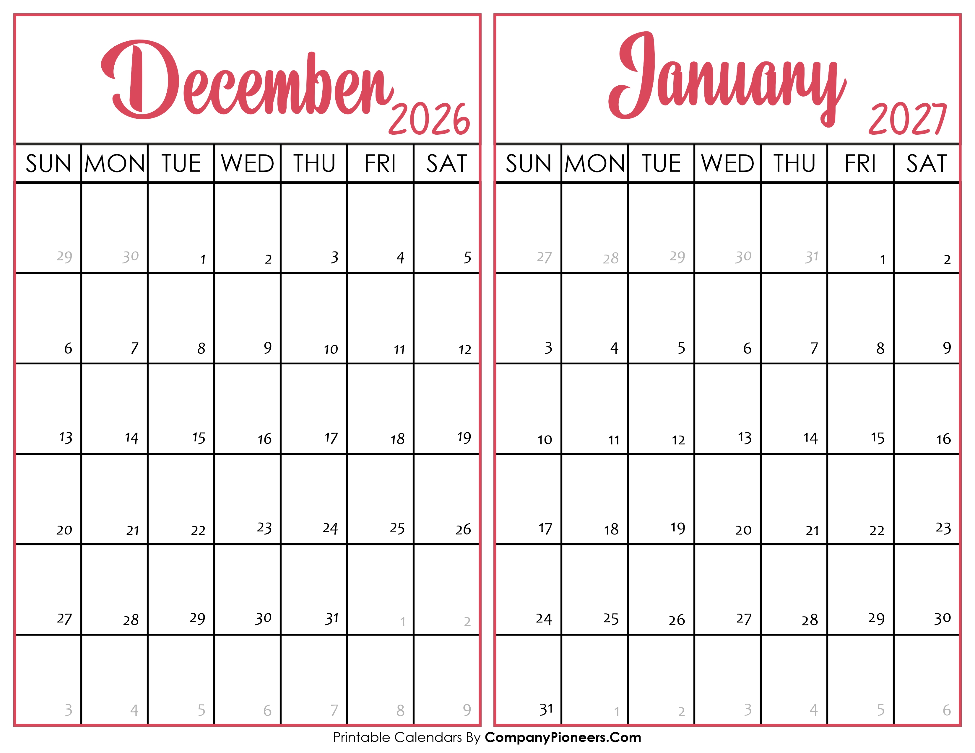 December 2026 and January 2027 Calendar