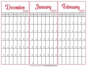 December 2026 and January February 2027 Calendar