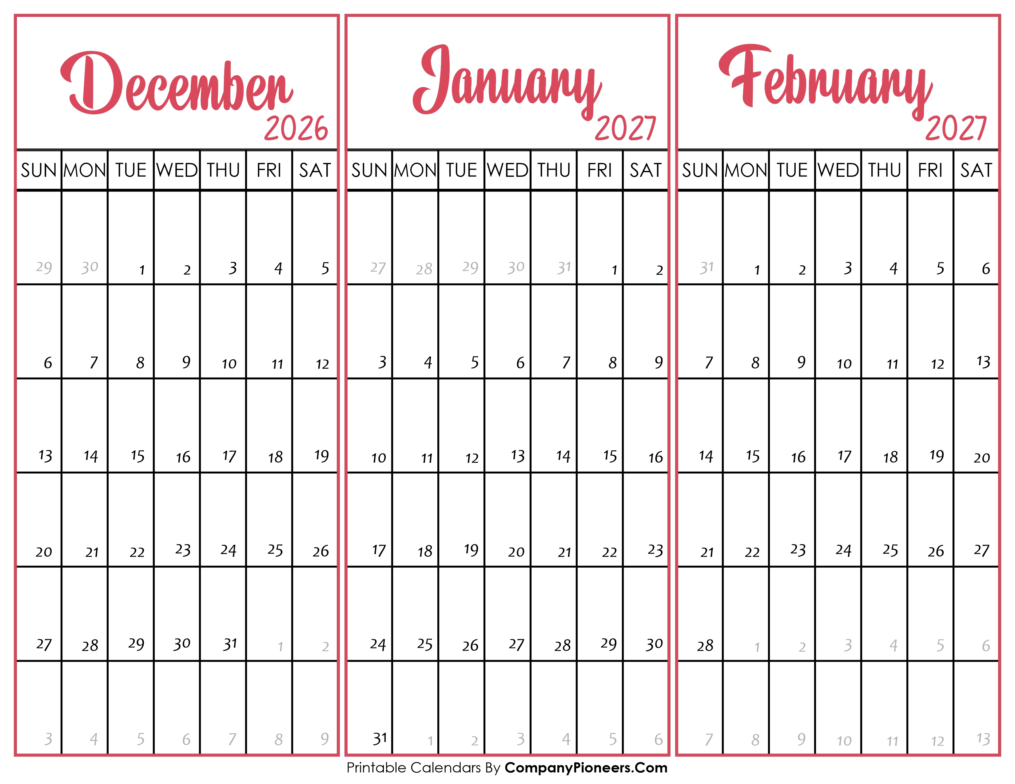December 2026 and January February 2027 Calendar