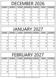 December 2026 to February 2027 Calendar