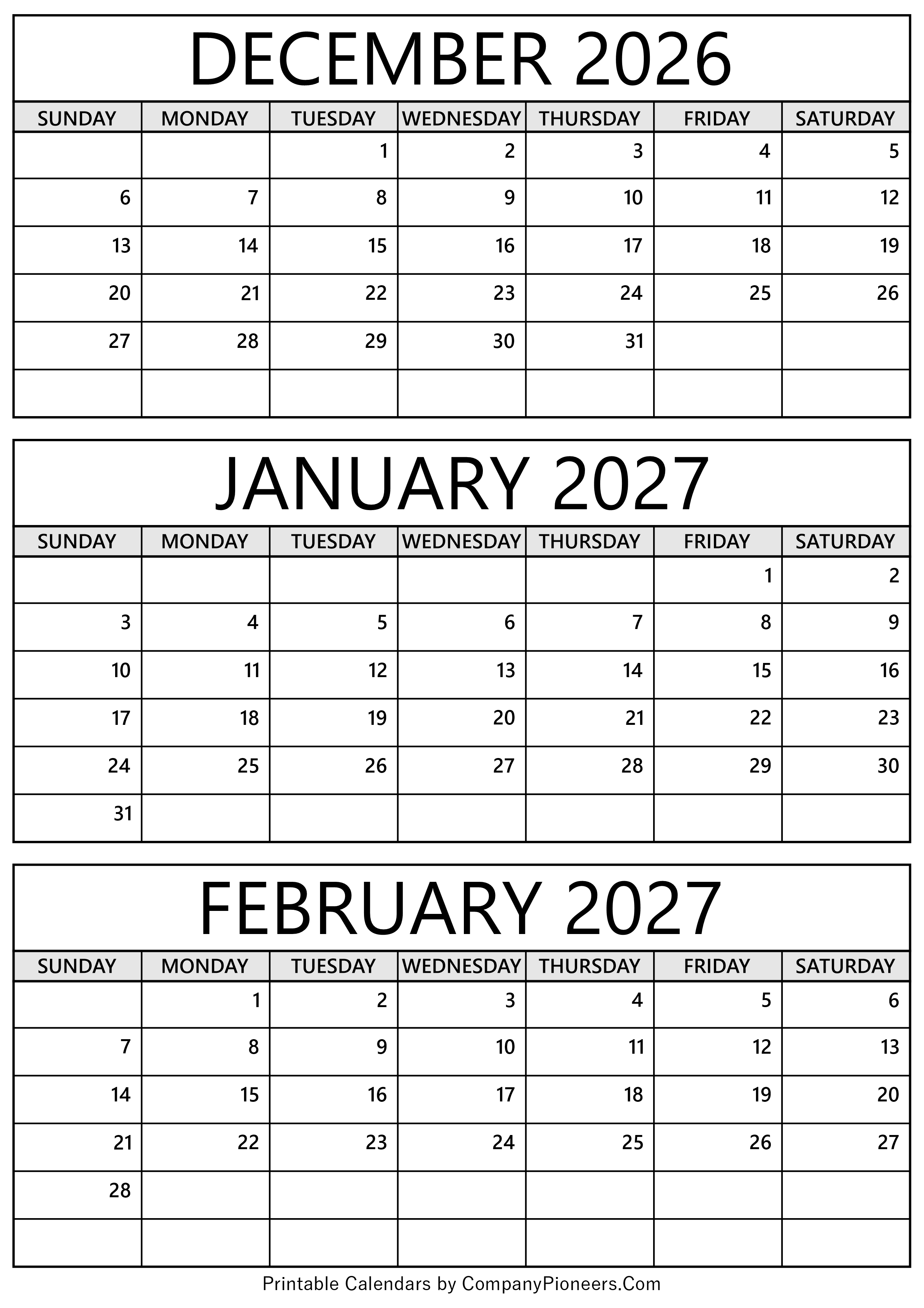 December 2026 to February 2027 Calendar