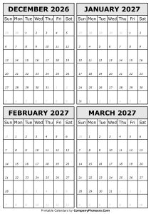 December 2026 to March 2027 Calendar Template