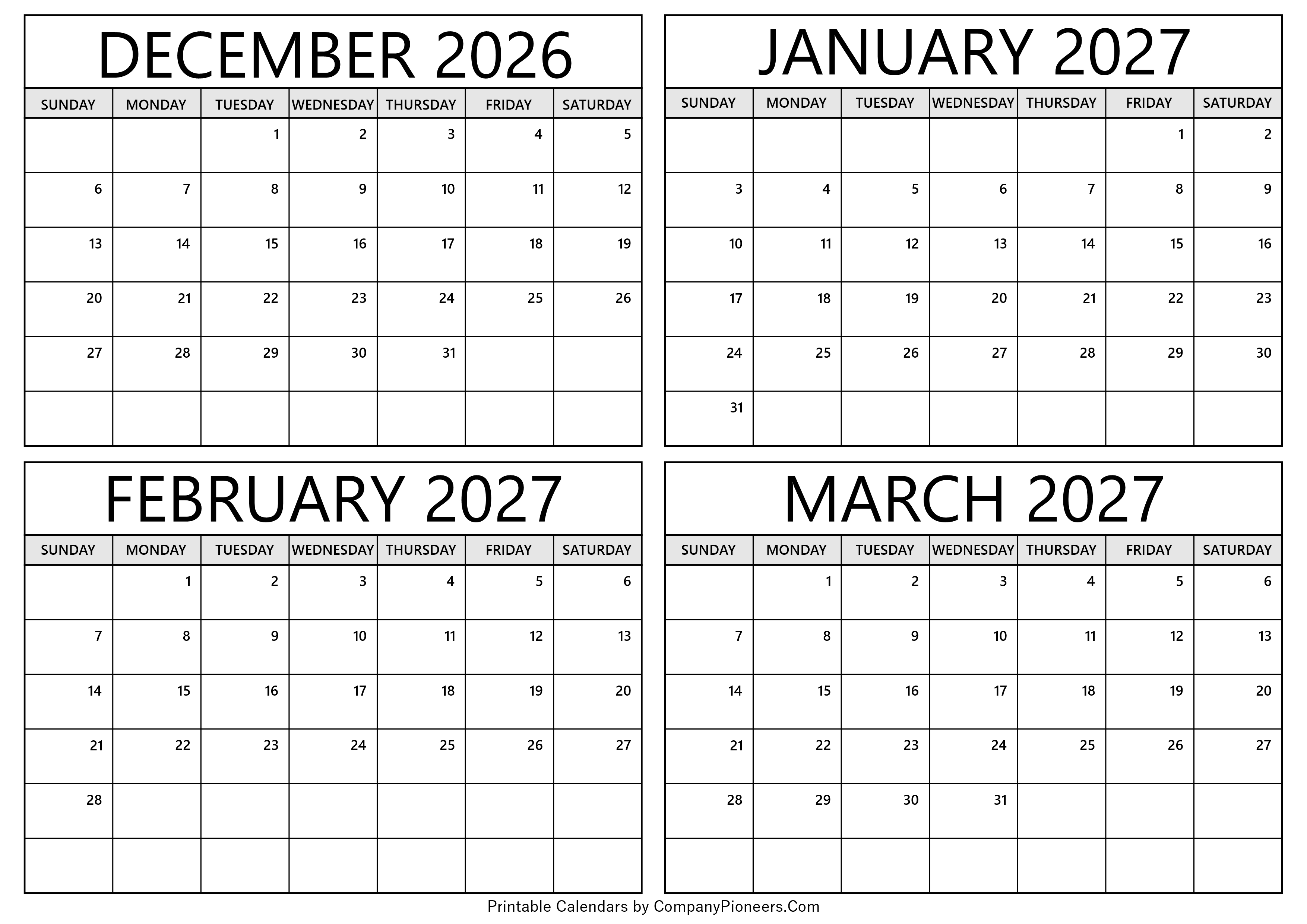 December 2026 to March 2027 Calendar