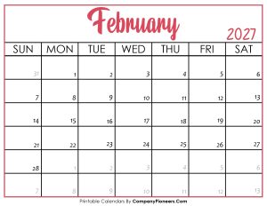 February 2027 Calendar Printable Pink Header
