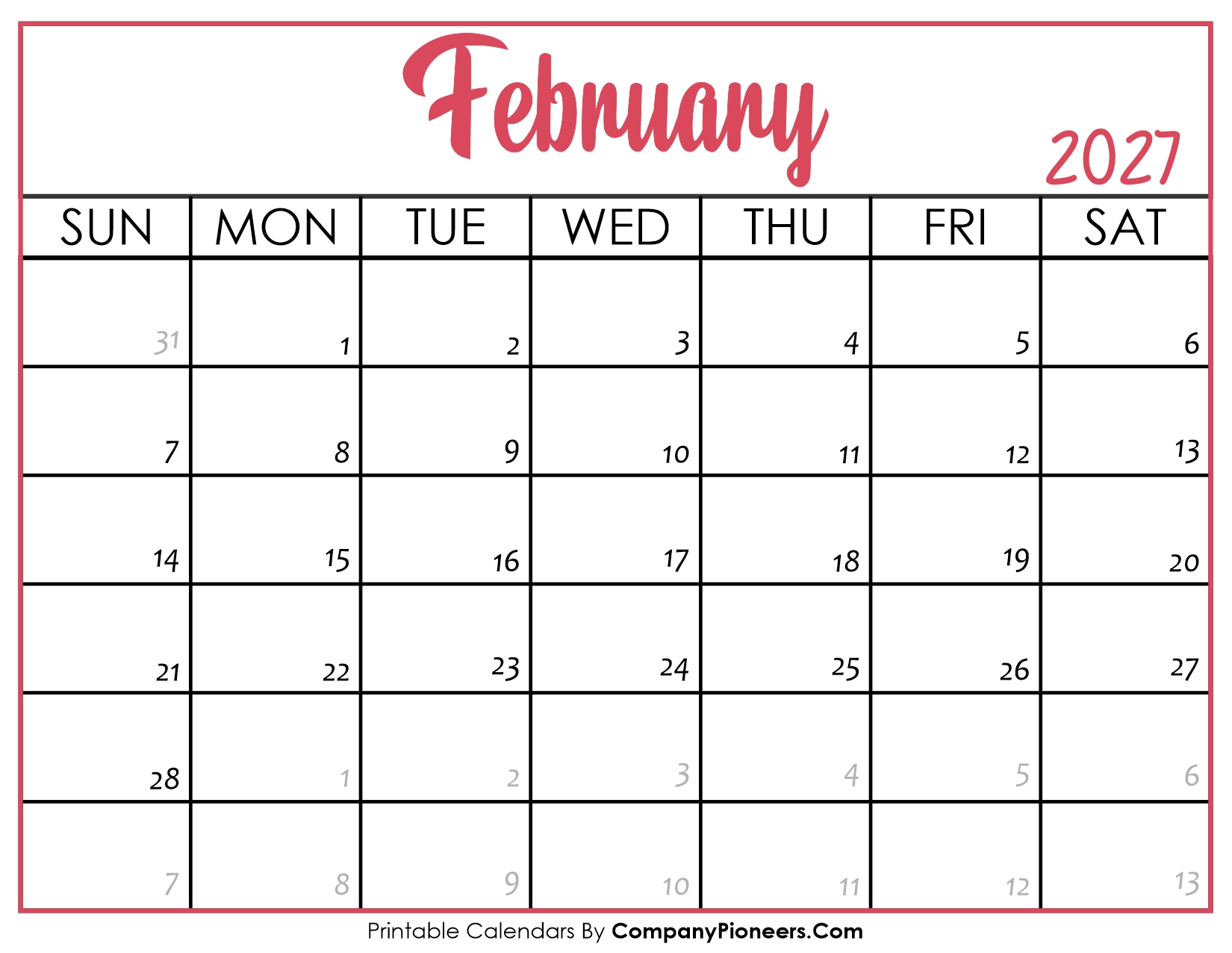 February 2027 Calendar Printable Pink Header