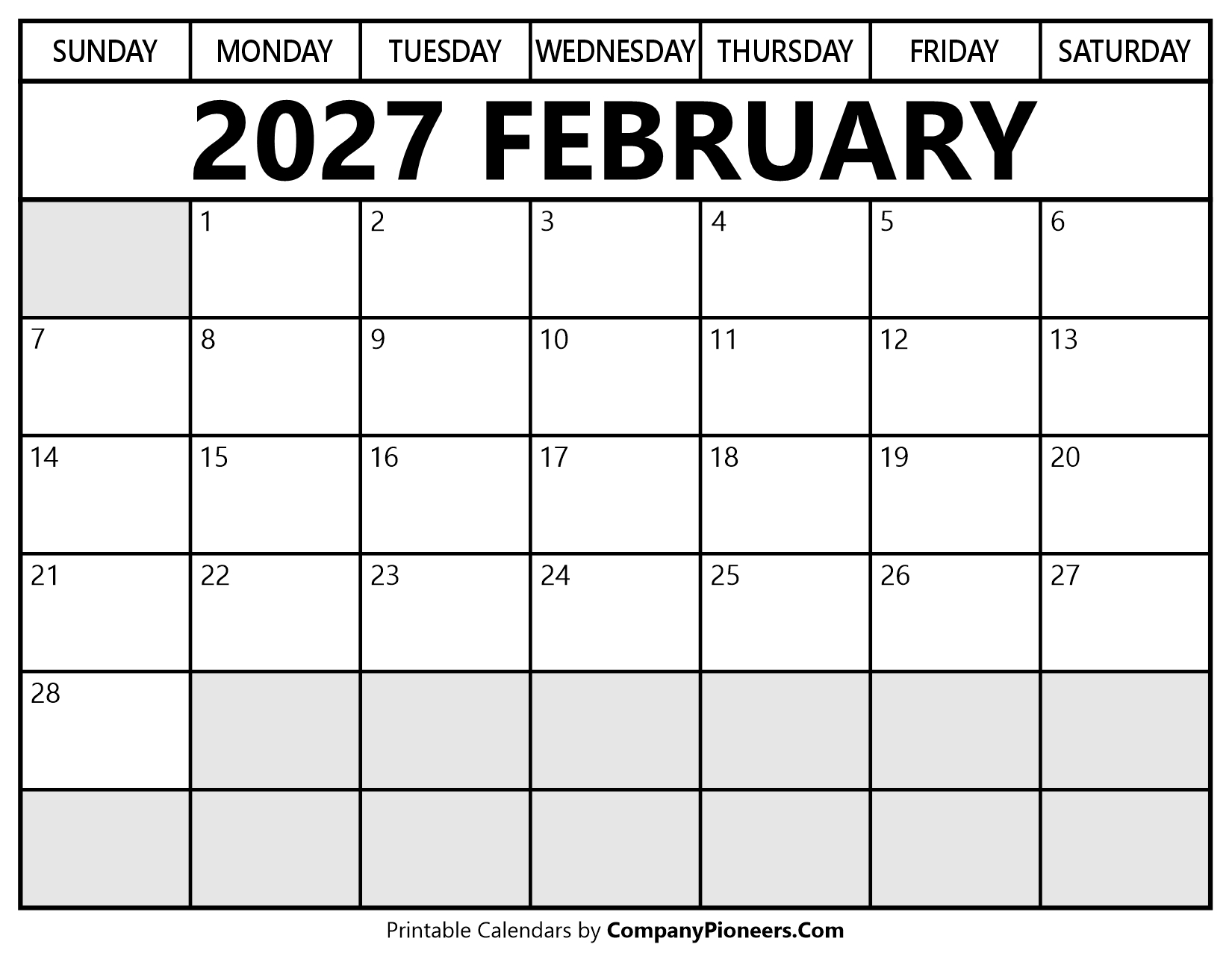 February 2027 Calendar Segoe UI Font