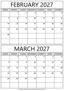February March 2027 Calendar