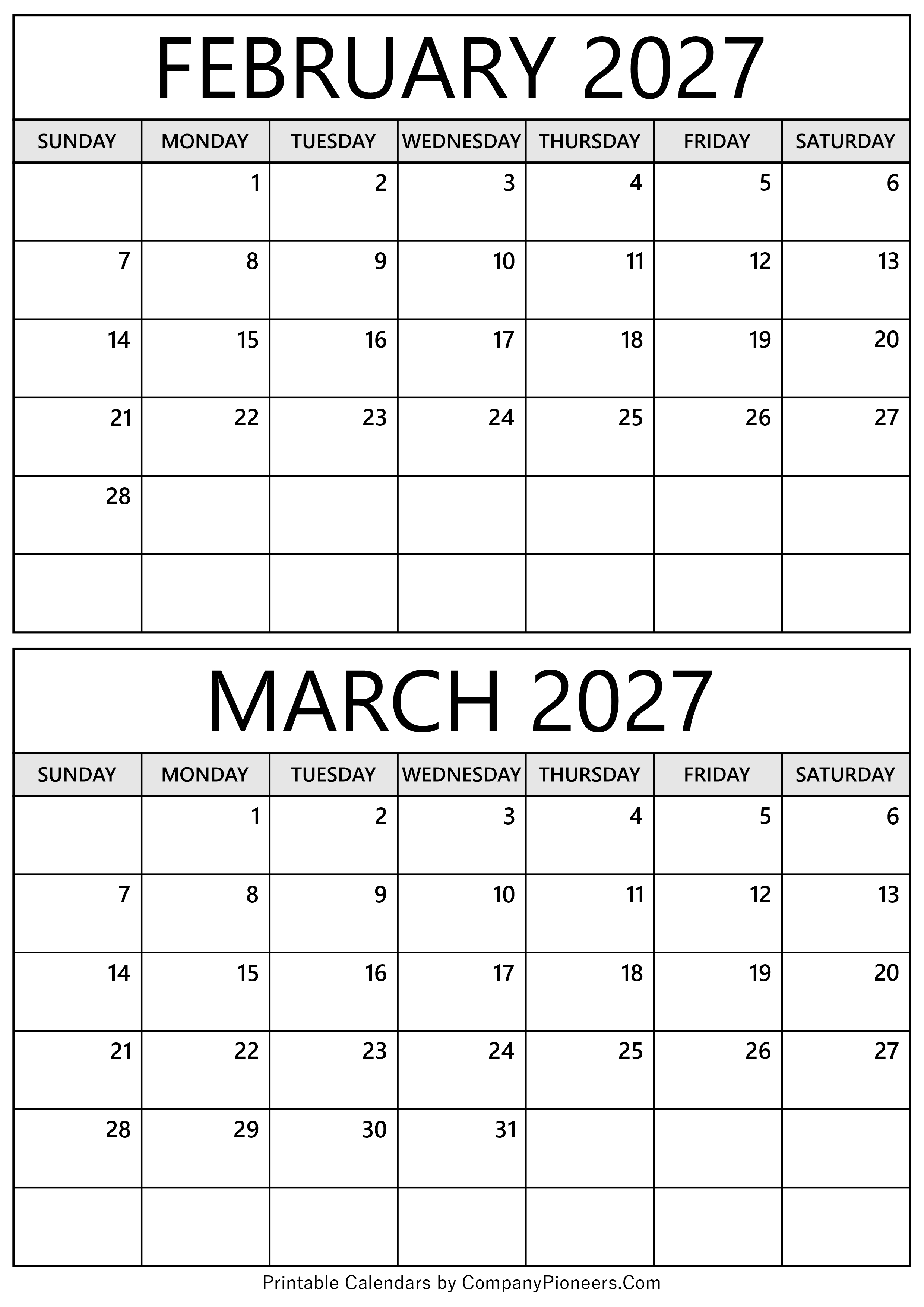 February March 2027 Calendar