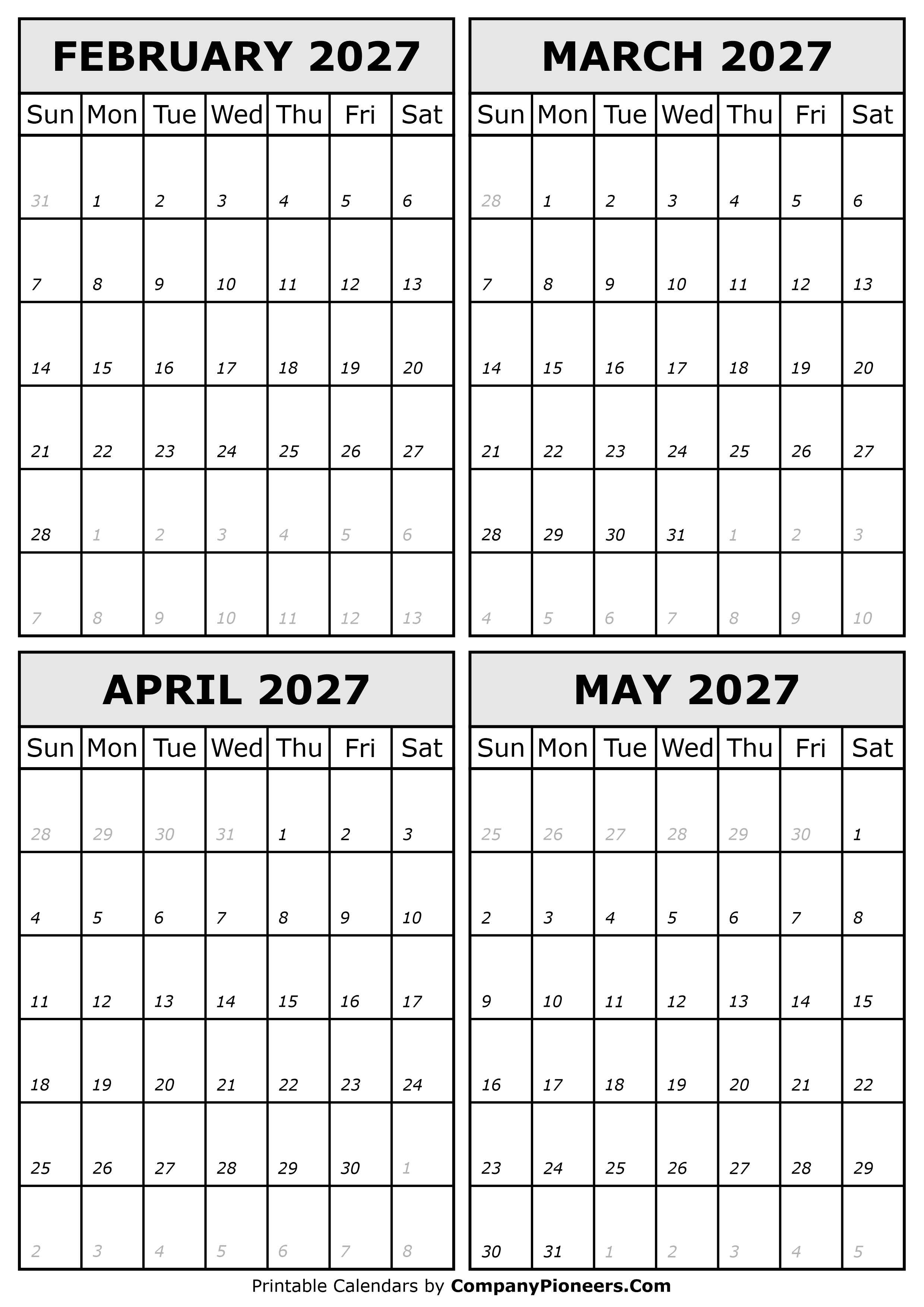 February March April May 2027 Calendar