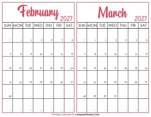 February and March Calendar 2027