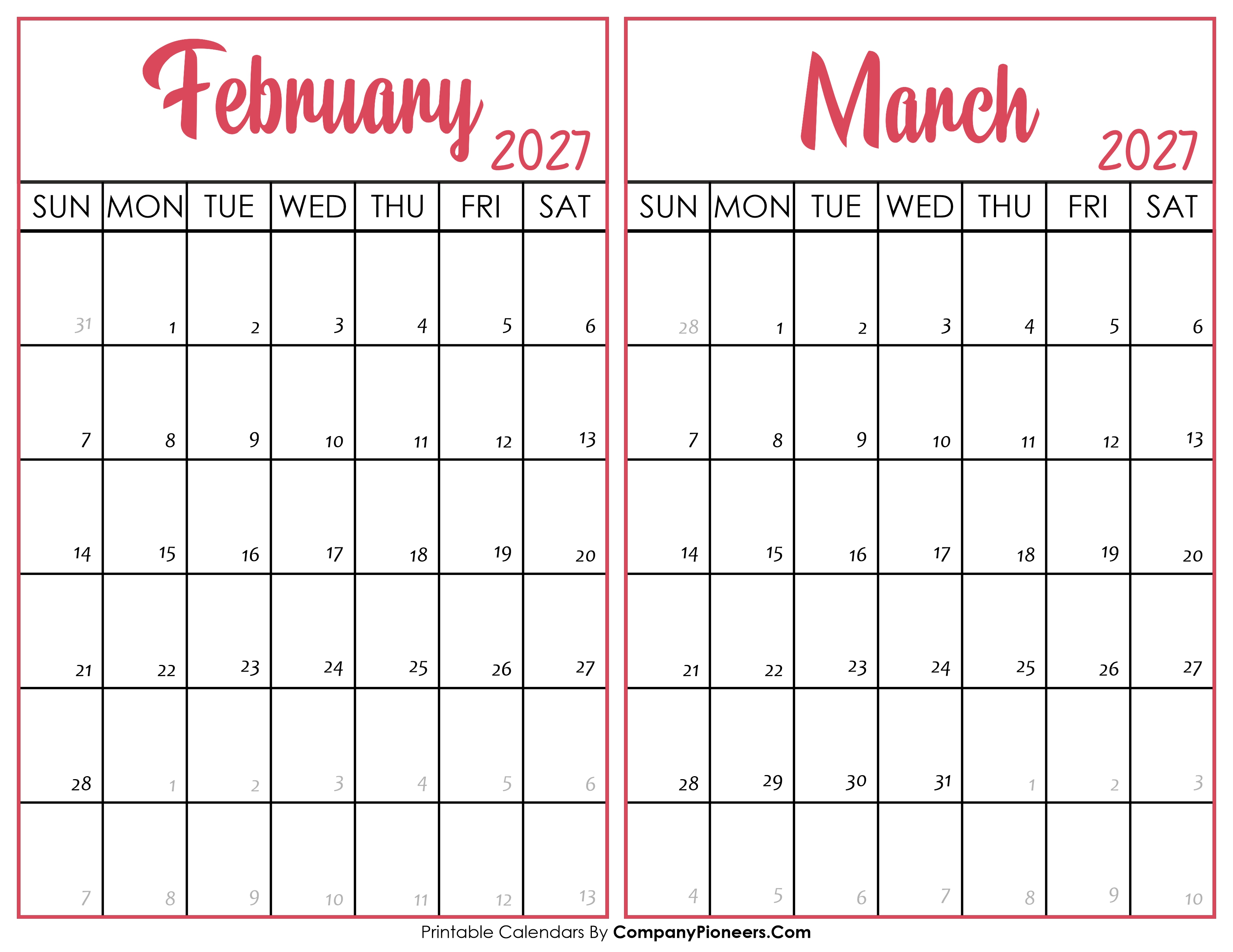 February and March Calendar 2027