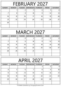 February to April 2027 Calendar