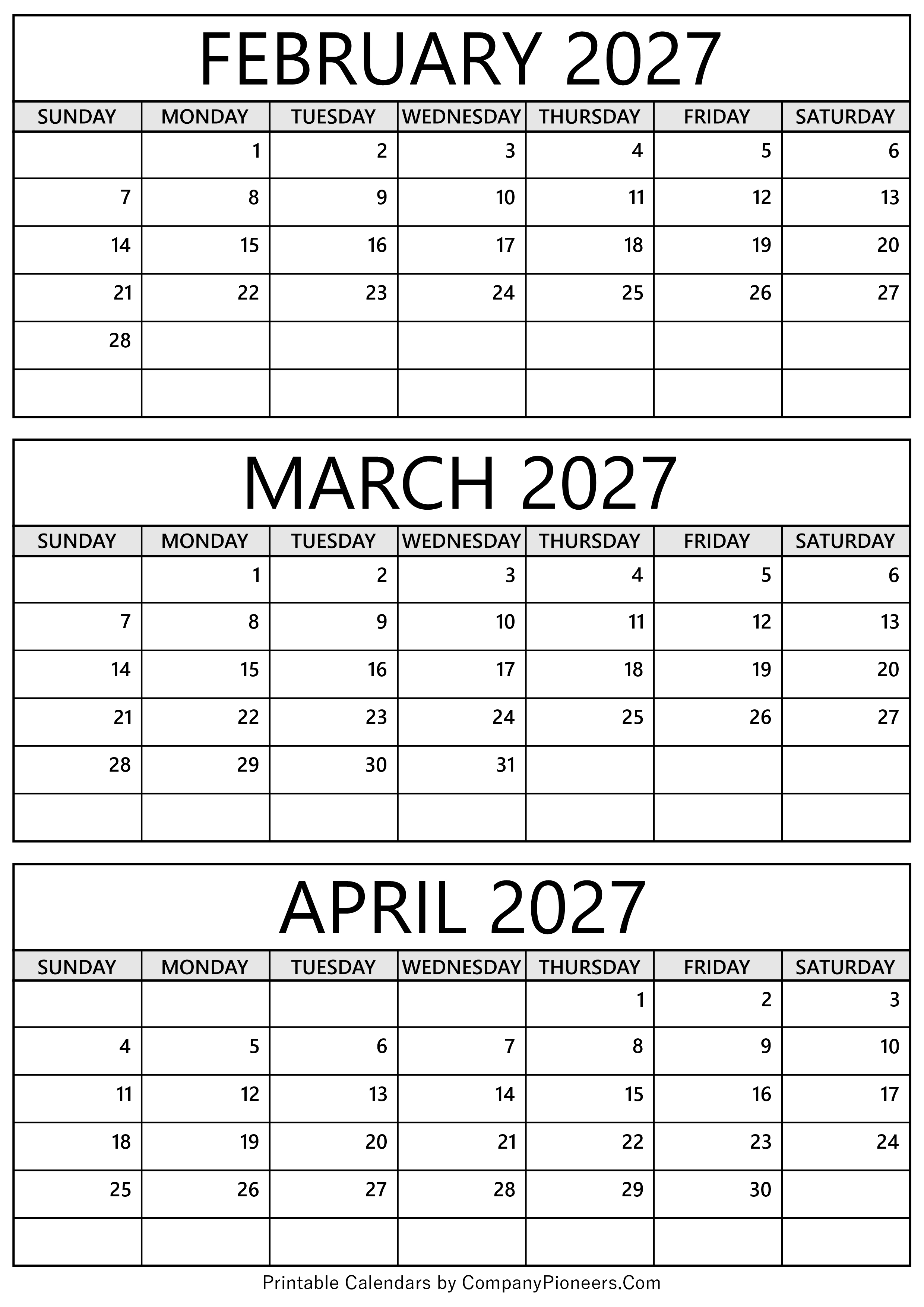 February to April 2027 Calendar