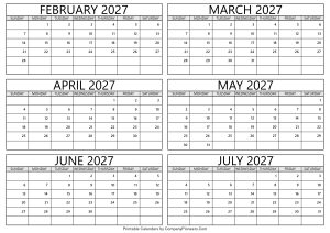 February to July 2027 Calendar