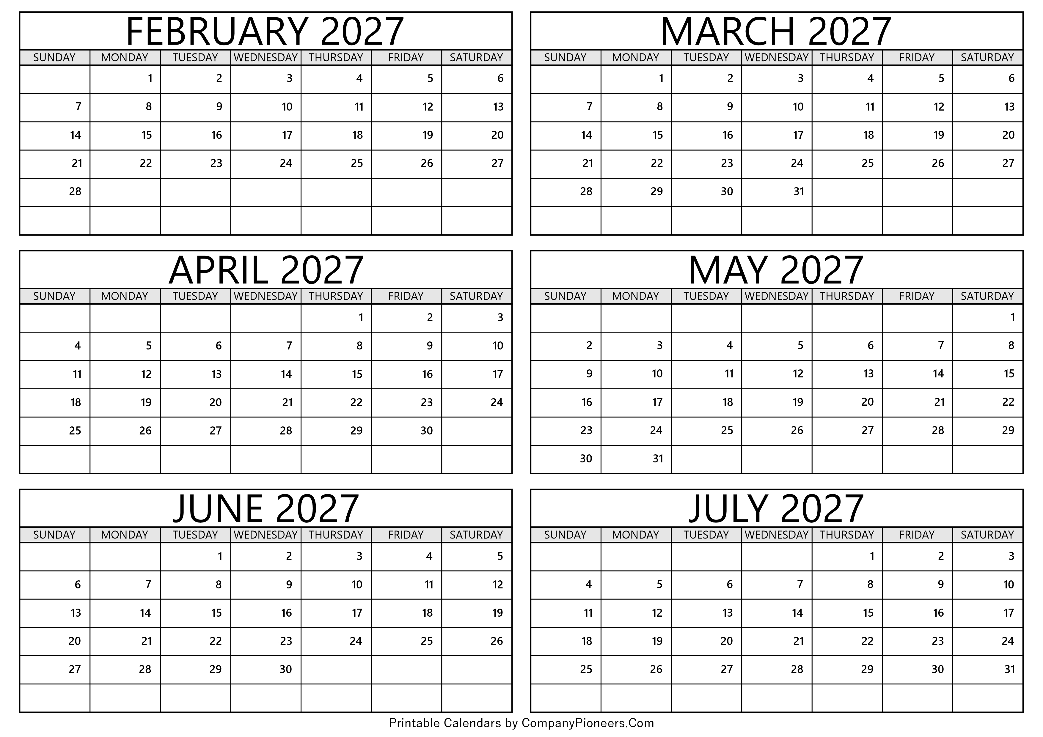 February to July 2027 Calendar