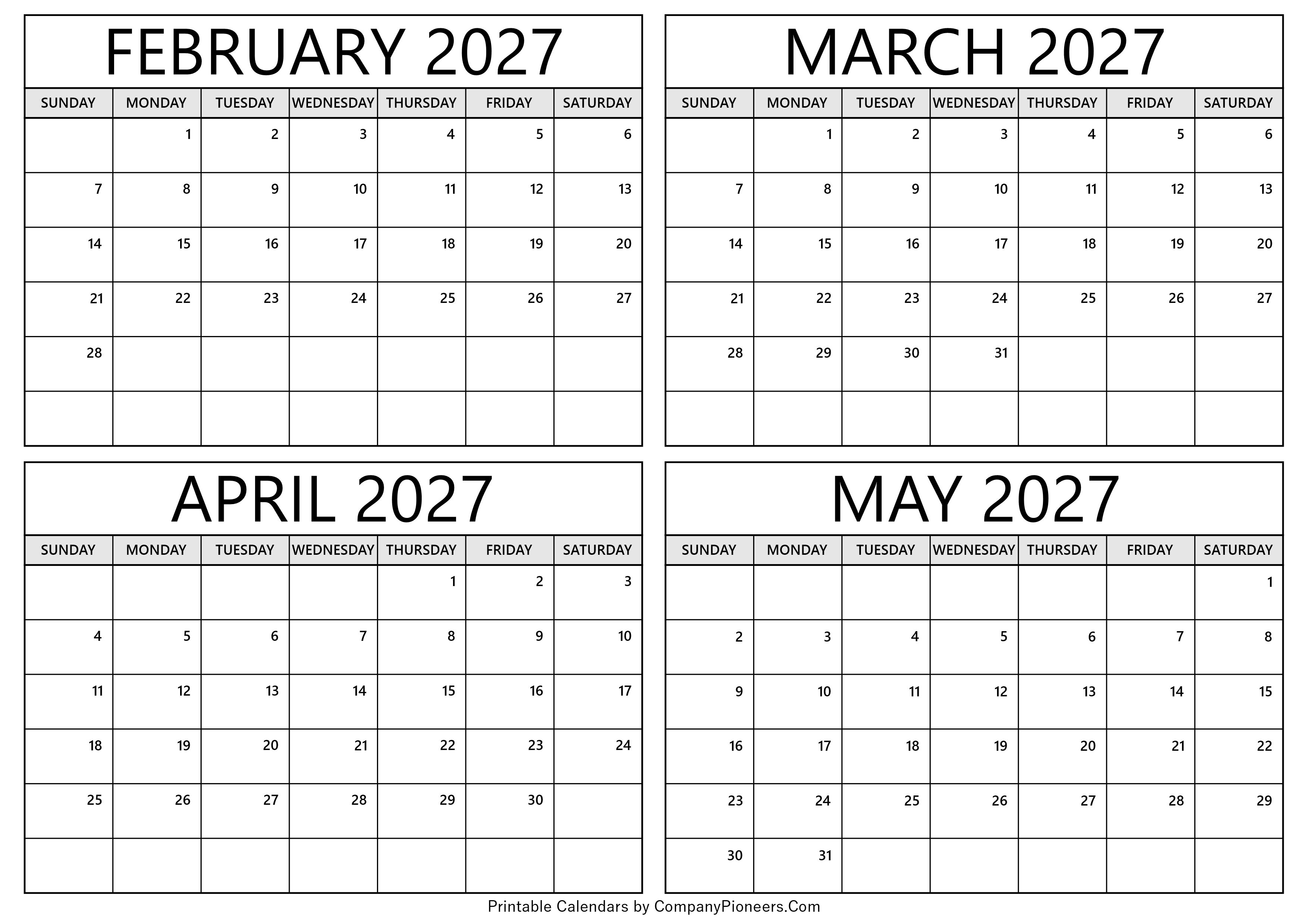 February to May 2027 Calendar