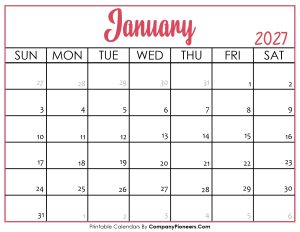 January 2027 Calendar Printable Pink Header