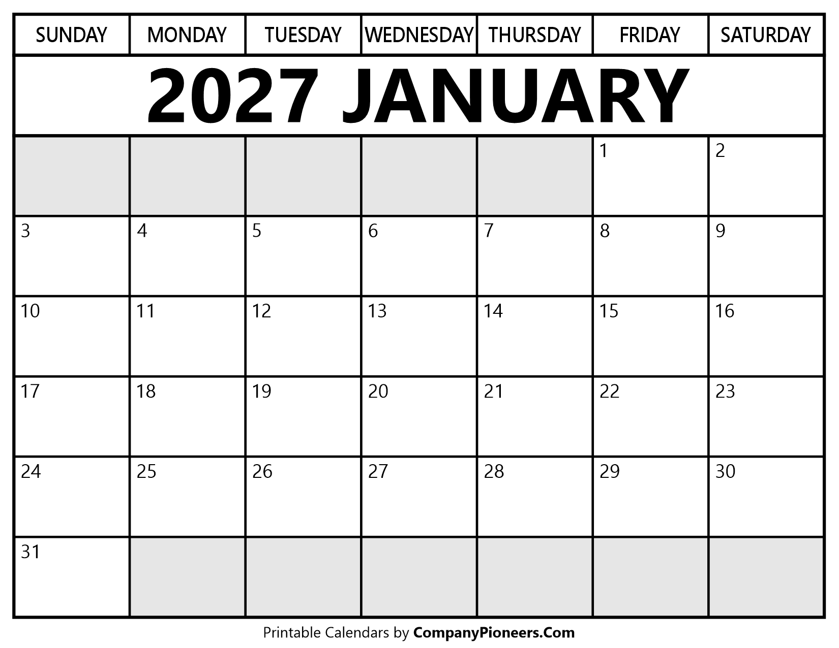 January 2027 Calendar Segoe UI Font