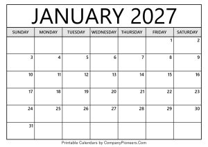 January 2027 Calendar Template Blank